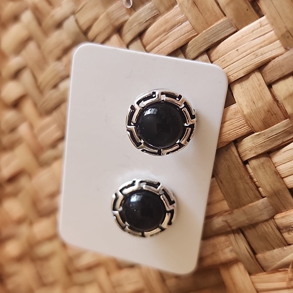 Southwestern Simulated Turquoise Stud Earrings Simulated Onyx - Picture 2 of 5